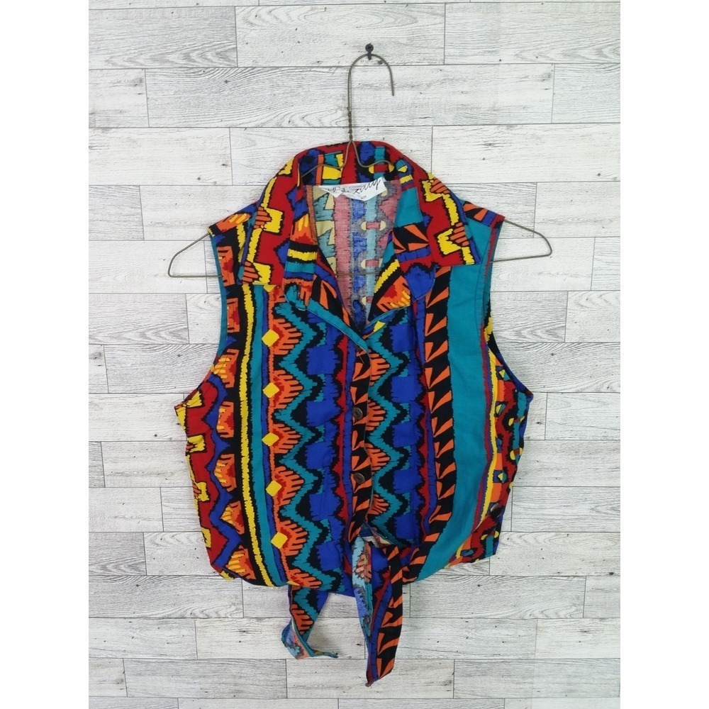 Vintage 80s 90s Miss‎ Kitty Southwestern Aztec Print Tie-able Vest Top Western M